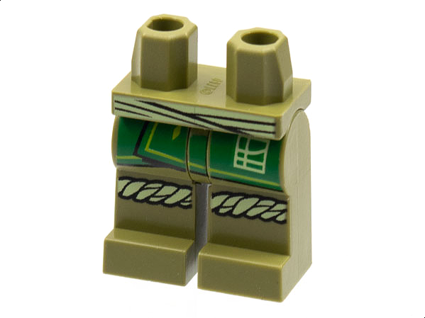 LEGO part Hips and Legs with Tan Sash and Knee Wrappings, Green Robe End Pattern (970c00pb1308)