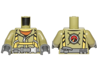 Torso Volcano Explorer Jumpsuit with Dark Bluish Gray Belt and Yellow Harness Front, Volcano Logo Back Pattern / Olive Green Arms / Dark Bluish Gray Hands