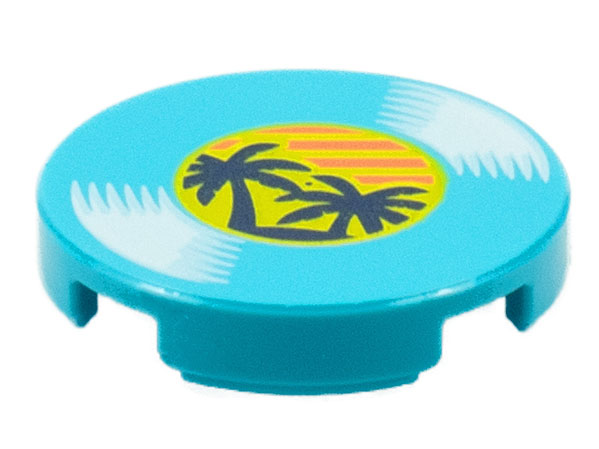 Tile, Round 2 x 2 with Bottom Stud Holder with LP Record, Palm Trees on Label Pattern