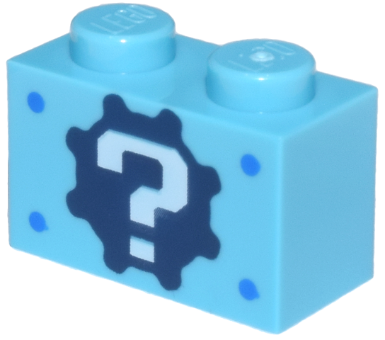 Brick 1 x 2 with White Question Mark on Black Gear Pattern