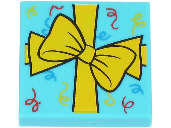Tile 2 x 2 with Present / Gift with Ribbon with Bow and Red, Yellow and Dark Azure Scrolls Pattern (BAM)
