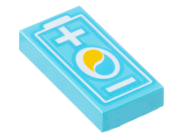 Tile 1 x 2 with Electric Car Battery with OctanE Logo and White Plus and Minus Sign Pattern