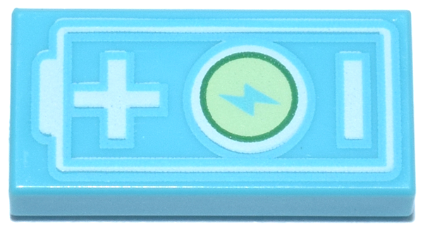 Tile 1 x 2 with Electric Car Battery with Lightning Bolt Power Symbol and White Plus and Minus Sign Pattern