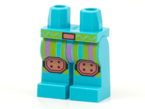 LEGO part Hips and Legs with Lime and Medium Lavender Vertical Stripes, Coral Belt Buckle and Knee Pads Pattern 970c00pb1177