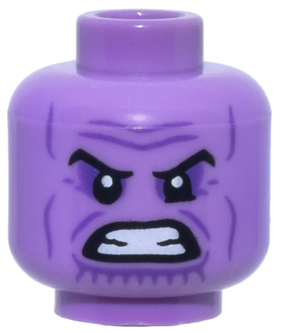 Minifigure, Head Alien Black Eyebrows, Dark Purple Eye Shadow, Wrinkles, and Chin Lines, Furrowed Brow, Bared Teeth Pattern - Hollow Stud