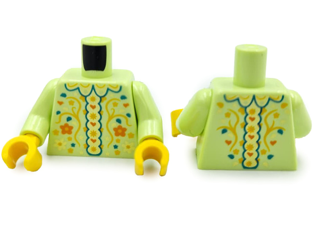 Torso Dress with Neck Ruffles, Orange, Bright Light Orange, Bright Light Yellow and Dark Turquoise Flowers, Leaves and Hearts Pattern (BAM) / Yellowish Green Arms / Yellow Hands