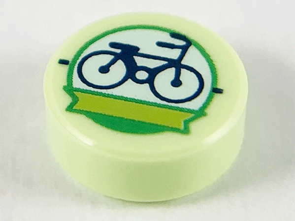 Tile, Round 1 x 1 with Dark Blue Bicycle and Lime Ribbon in White Circle with Bright Green Outline Pattern