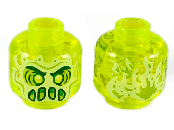 Minifigure, Head Alien Ghost with Yellowish Green Face, Slime Mouth and Flames in Back Pattern - Hollow Stud