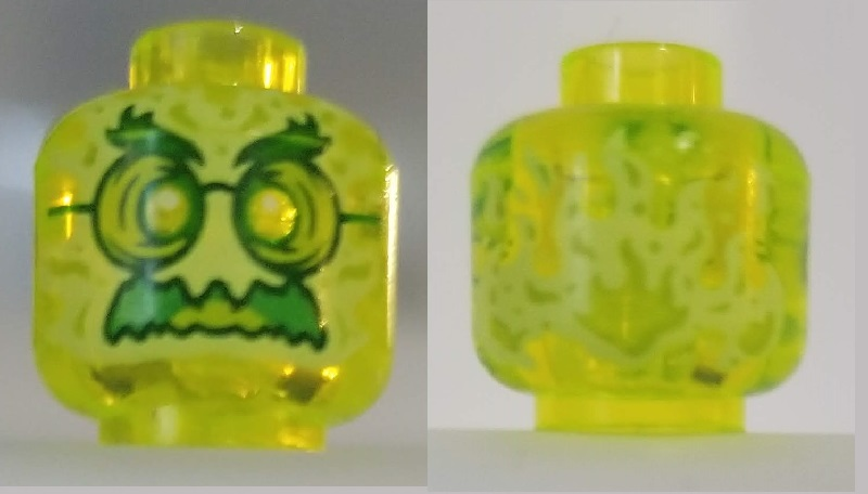 LEGO onderdeel Minifigure, Head Alien Ghost with Yellowish Green Face, Bushy Eyebrows, Glasses, Angry and Flames in Back Pattern - Hollow Stud (3626pb2493)