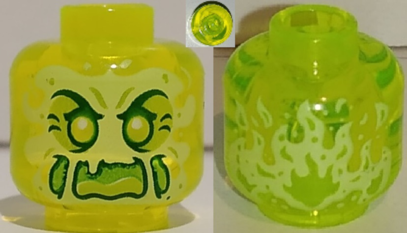 LEGO onderdeel Minifigure, Head Alien Ghost with Yellowish Green Face, Cheeks, Large Raised Eyebrows, Pointed Eyes and Flames in Back Pattern - Vented Stud (3626pb3333)