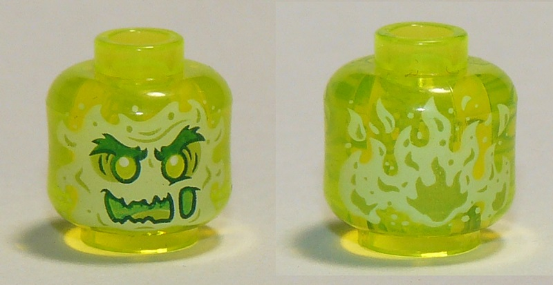 LEGO onderdeel Minifigure, Head Alien Ghost with Yellowish Green Face, Bushy Eyebrows, Slime Mouth and Flames in Back Pattern - Vented Stud (3626pb3335)