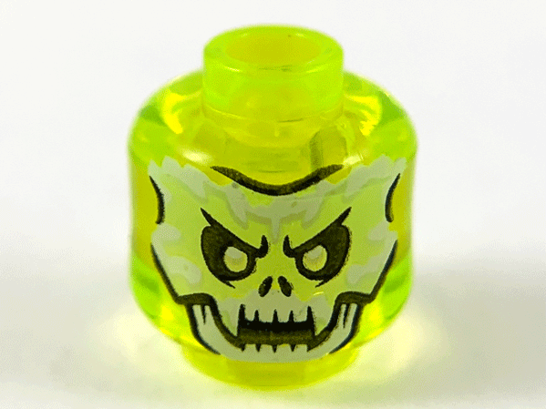 Minifigure, Head Alien Ghost with White and Yellowish Green Skull Face and Fangs Pattern - Vented Stud