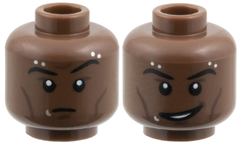 LEGO part Minifigure, Head Dual Sided, Black Eyebrows, Dark Brown Cheek Lines, Silver Piercings and Lip Ring, Raised Eyebrow Left / Lopsided Grin Pattern 3626pb3948