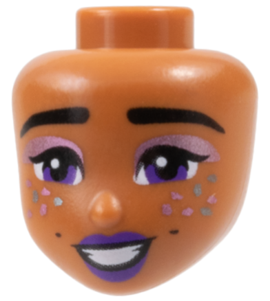 Mini Doll, Head Friends with Black Eyebrows and Eyelashes, Dark Purple Eyes and Lips, Metallic Pink Eye Shadow and Metallic Light Blue Sparkles, Open Mouth Smile with White Teeth Pattern