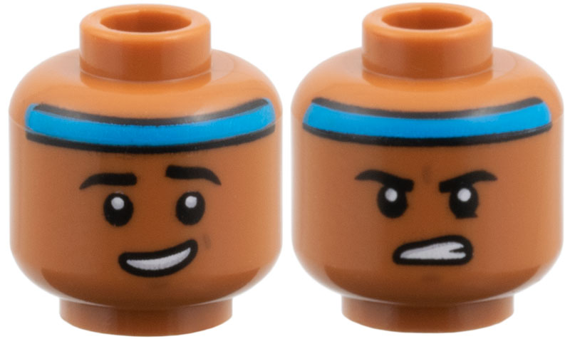 Minfigure, Head Dual Sided Dark Azure Headband, Black Eyebrows, Lopsided Open Mouth Grin / Firm Gritted Teeth Pattern