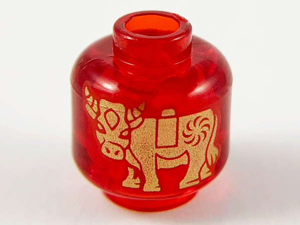 Minifigure, Head without Face with Gold Ox / Bull Pattern on Both Sides - Vented Stud