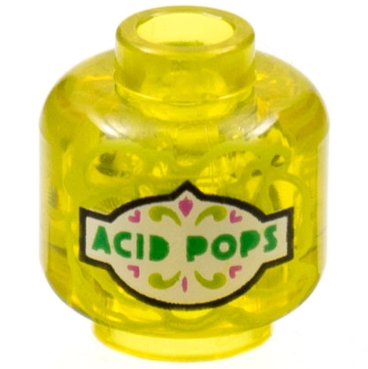 Minifigure, Head without Face with Green 'ACID POPS' on White Label Pattern - Vented Stud