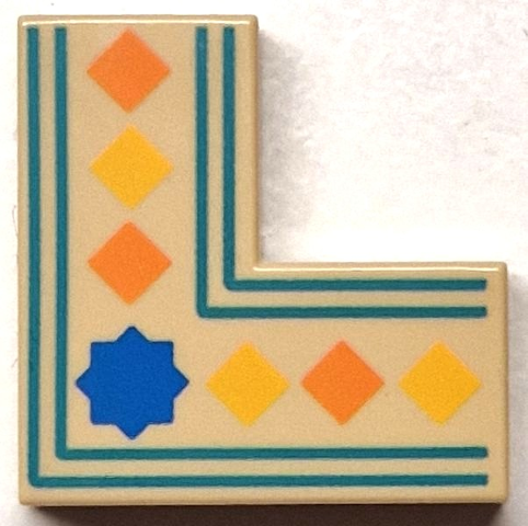 Fliese 2 x 2 Ecke mit orange und gelben Quadraten, blauem Stern und dunkeltürkis Grenzlinien Muster