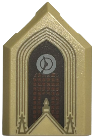 Tuile, Modifiée 2 x 3 Pentagonale avec Motif Arcs Marron Tan Foncé et Flèches, Horloge Gris Bleuâtre Clair, Fenêtre Rouge Rougeâtre avec Treillis Marron Foncé