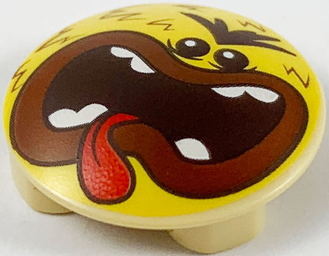 Plate, Round 2 x 2 with Rounded Bottom with Angry Face, Dark Brown Hair, Reddish Brown Lips, and Wide Open Mouth with Teeth and Tongue Pattern