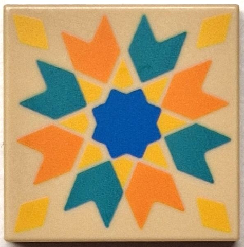 Tile 2 x 2 with Orange and Dark Turquoise Chevrons / Arrows, Yellow Diamonds and Blue Star Pattern