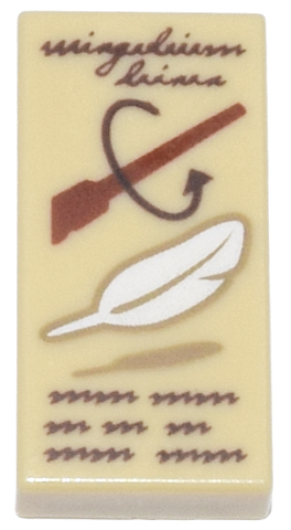 Tile 1 x 2 with Reddish Brown 'Wingardium Leviosa' and Wand and White Feather Pattern