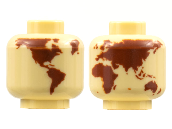 Minifigure, Head without Face with Reddish Brown Globe World Map without Japan and Hawaii Pattern - Hollow Stud