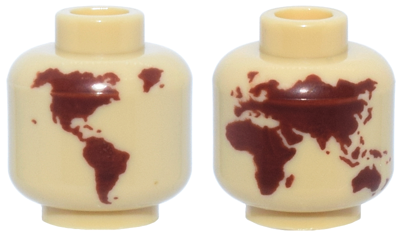 Minifigure, Head without Face with Reddish Brown Globe World Map with Japan and Hawaii Pattern - Hollow Stud
