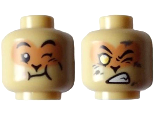 Minifigure, Head Dual Sided Alien Black Eyebrows, Nougat Face, Wink, Neutral with Full Cheek / Lopsided Bared Teeth, Gold Eye, and Dark Tan Dirt Stains Pattern - Hollow Stud