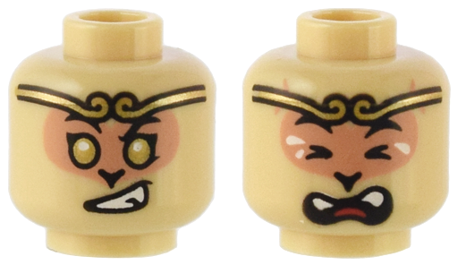 LEGO part Minifigure, Head Dual Sided Alien Black Eyebrows, Nougat Face, Headband, Gold Eyes and Lopsided Smirk with Teeth / Crying Closed Eyes with Tears and Open Mouth with Red Tongue Pattern - Hollow Stud 3626pb3209