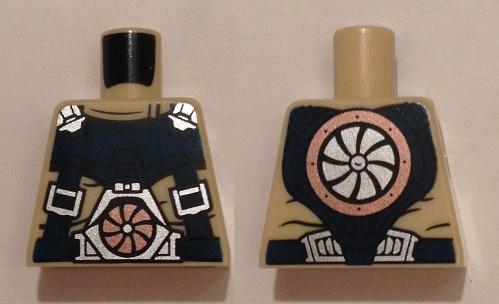 LEGO part Torso Dark Blue Harness with Silver Buckles, Copper Turbine on Front, Silver Turbine on Back Pattern 973pb2008