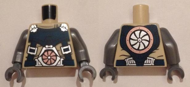 LEGO part Torso Dark Blue Harness with Silver Buckles, Copper Turbine on Front, Silver Turbine on Back Pattern / Flat Silver Arms / Dark Bluish Gray Hands 973pb2008c01