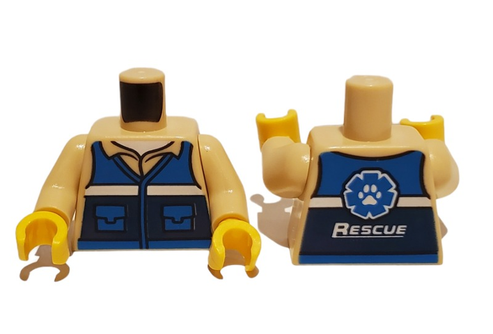 LEGO part Torso Blue and Dark Blue Vest with Pockets and White Stripe over Shirt with Collar, Undershirt, Paw Print Logo and 'RESCUE' on Back Pattern / Tan Arms / Yellow Hands 973pb4291c01