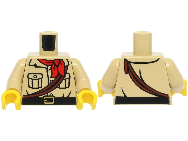 LEGO part Torso Shirt with Buttons and Pockets, Black Belt with Gold Buckle, Red Neckerchief, Reddish Brown Ropes Pattern / Tan Arms / Yellow Hands 973pb5663c01