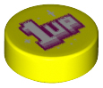 Tile, Round 1 x 1 with White Sparkles and  '1UP' with Bright Pink, Dark Pink, and Magenta Outline Pattern