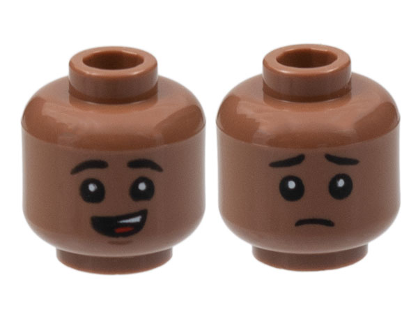 Minifigure, Head Dual Sided Child Black Eyebrows, Lopsided Open Mouth Smile with Top Teeth and Red Tongue / Sad Pattern - Hollow Stud