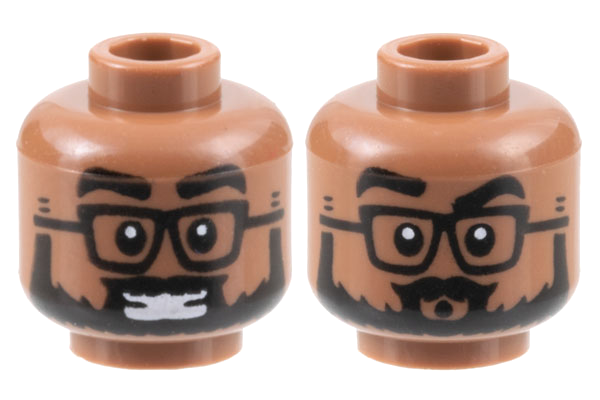Minifigure, Head Dual Sided Black Eyebrows, Glasses, and Full Beard, Smile with Teeth / Pucker Pattern - Hollow Stud