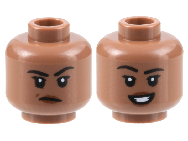 Minifigure, Head Dual Sided Female Black Eyebrows, Reddish Brown Lips, Frown with Raised Eyebrow Left / Open Mouth Smile Pattern - Hollow Stud