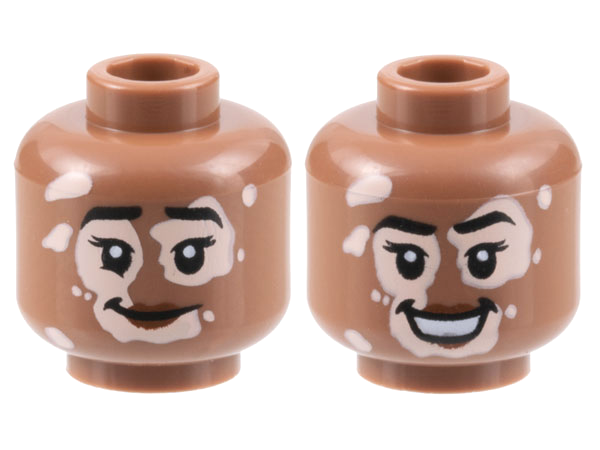 Minifigure, Head Dual Sided Female Black Eyebrows, Light Nougat Vitiligo, Reddish Brown Lips, Grin / Open Mouth Smile Pattern - Hollow Stud