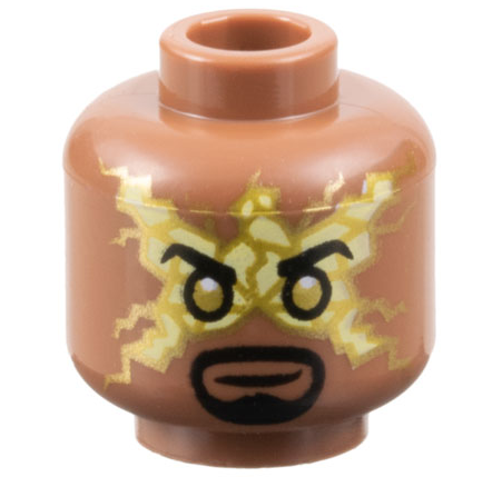 Minifigure, Head Black Eyebrows and Goatee, Gold Eyes, Bright Light Yellow Electricity Mask Pattern - Vented Stud