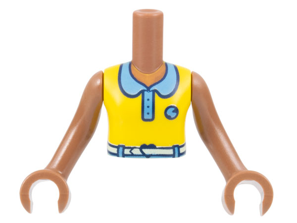 LEGO part Torso Mini Doll Girl Yellow Sleeveless Top, Medium Blue Collar and Badge, White Belt Pattern, Medium Brown Arms with Hands FTGpb410c01