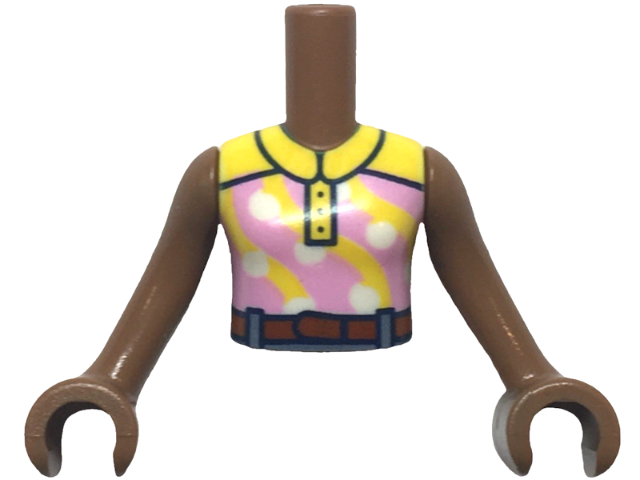 LEGO part Torso Mini Doll Girl Bright Pink Sleeveless Top with White Polka Dots, Yellow Collar and Stripes, Reddish Brown Belt Pattern, Medium Brown Arms with Hands FTGpb423c01