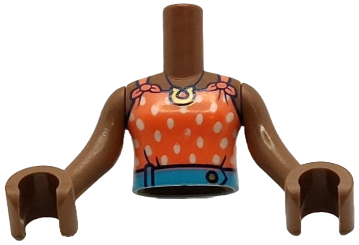 LEGO part Torso Mini Doll Girl Coral Halter Top with White Dots, Medium Azure Belt with Gold Button and Horseshoe Necklace Pattern, Medium Brown Arms with Hands FTGpb505c01