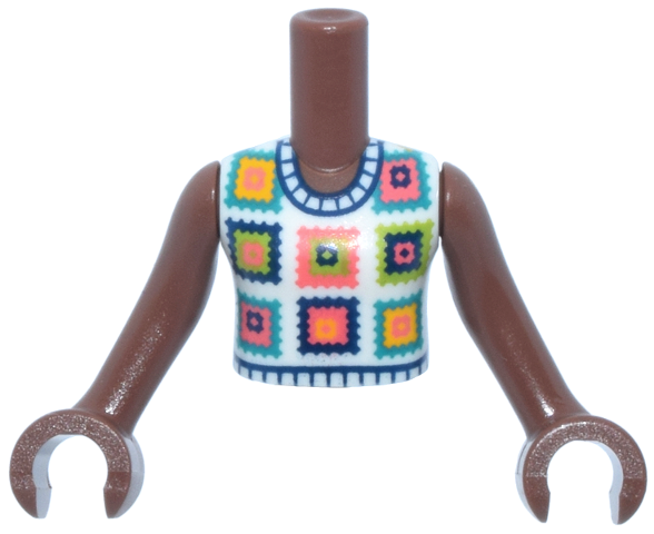 LEGO part Torso Mini Doll Girl White Sleeveless Crochet Top with Squares Pattern, Medium Brown Arms with Hands FTGpb531c01