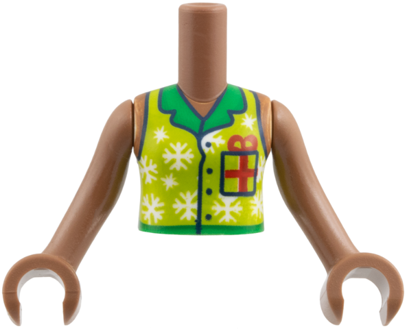LEGO part Torso Mini Doll Girl Molded White Torso Shell, Lime Shirt, Green Collar, White Snowflakes, Gift Pattern, Medium Brown Arms with Hands FTGpb542c01