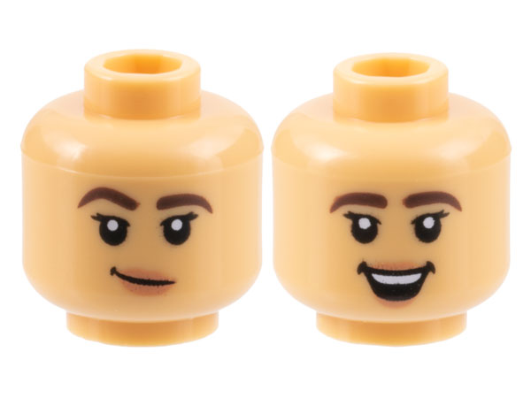 Minifigure, Head Dual Sided Female Dark Brown Eyebrows Thick, Black Eyelashes, Nougat Lips, Lopsided Grin / Open Mouth Smile with Top Teeth Pattern - Hollow Stud