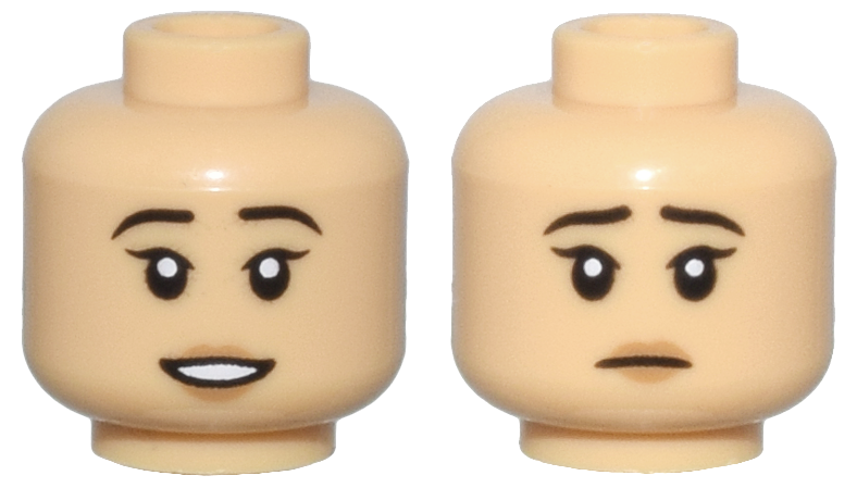 Minifigure, Head Dual Sided Female Black Eyebrows, Medium Nougat Lips, Open Mouth Smile with Teeth / Sad Pattern - Hollow Stud