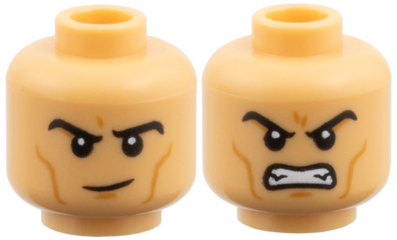 Minifigure, Head Dual Sided, Black Eyebrows, Medium Nougat Cheek Lines and Chin Dimple, Raised Eyebrow Right / Fierce Open Mouth Scowl with Teeth Pattern