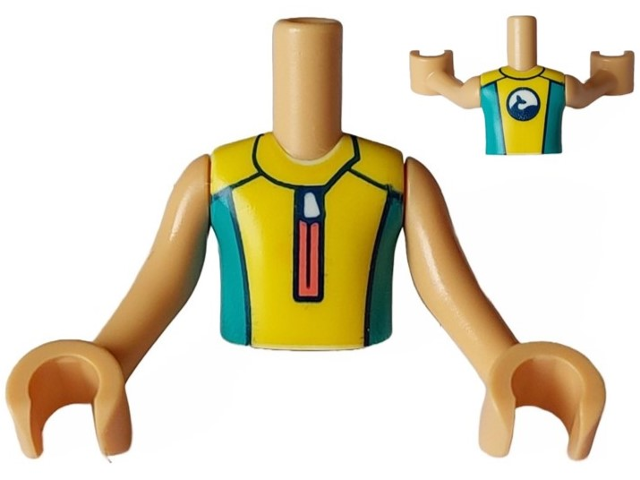 LEGO part Torso Mini Doll Boy Yellow and Dark Turquoise Wetsuit with Coral Zipper and Dolphin / Whale Logo on Back Pattern, Medium Tan Arms with Hands FTBpb098c01