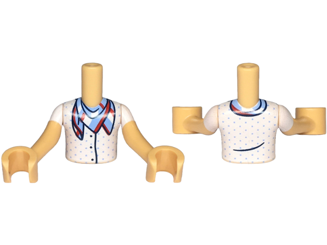 LEGO part Torso Mini Doll Boy White Shirt with Polka Dots and Three Dark Blue Buttons, and Red, White and Bright Light Blue Bandana Pattern, Medium Tan Arms with Hands with White Short Sleeves FTBpb128c01